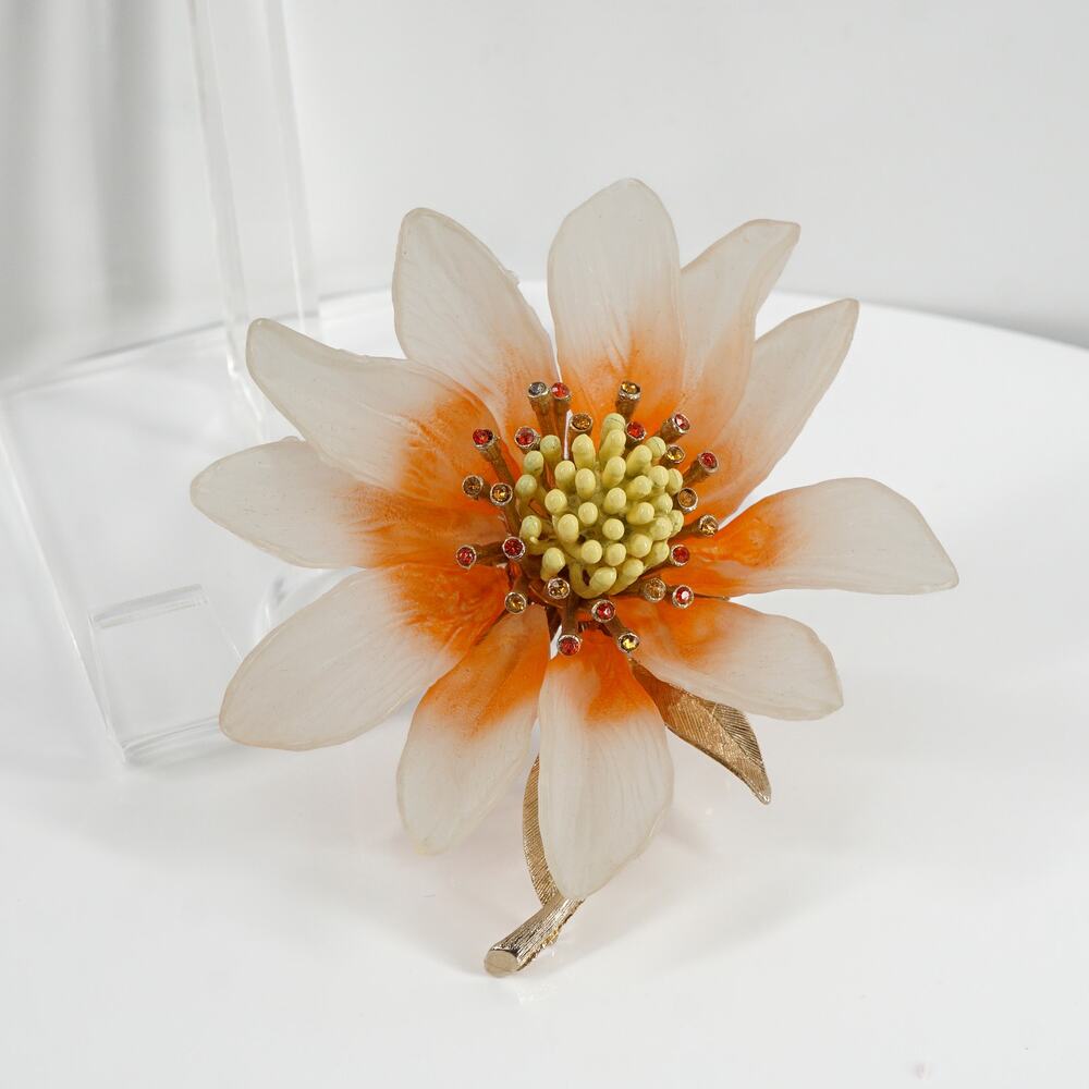 Vintage Corocraft 1960s Frosted Lucite Rhinestone Flower Brooch Pin Signed